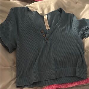 By Together Blue Ribbed Crop Polo T-Shirt